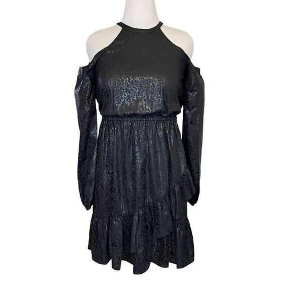 NWT michael kors black snake print long cold shoulder sleeve flounce hem dress S - Picture 6 of 9